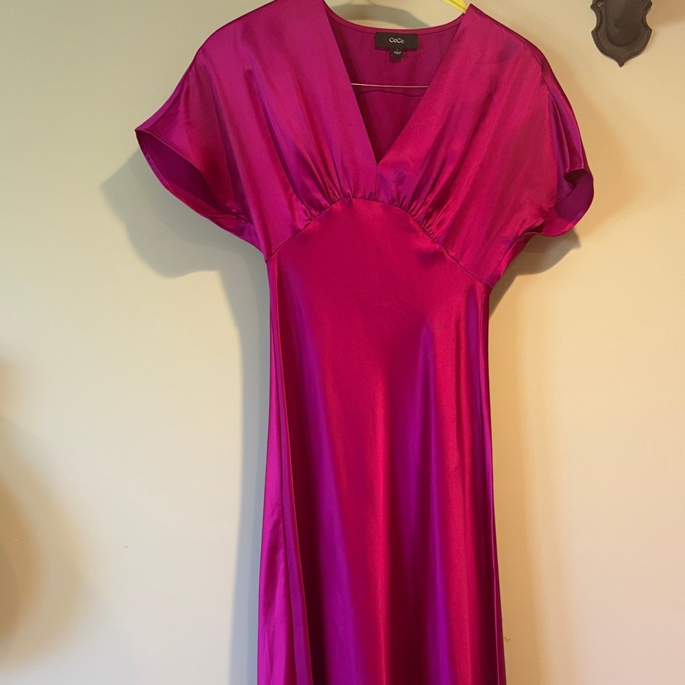 CeCe Bright Fuchsia Satin V-Neck Slip Dress